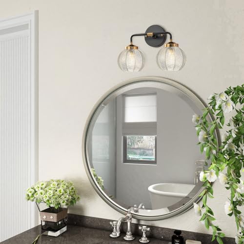 Image of Mid Century Modern Wall Sconce Bathroom Light fixtures 2 Light Ribbed Globe Sconces Vanity Lighting Fixture Black and Gold Vanity Lights Double Wall sconces with Clear Glass Shades