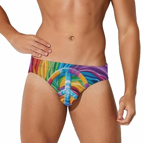 Colorful Peace Sign Tie Dye Mens Swim Briefs Bikini Swimwear Print Beach Shorts Sexy Swimsuit 2XL