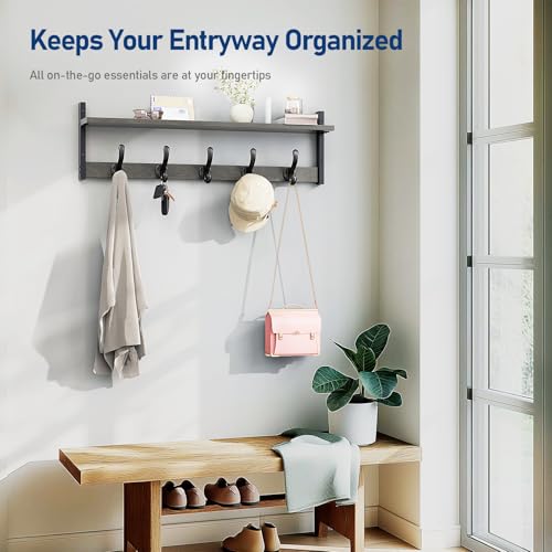 Image of Tatub 29 inch Rustic Coat Rack Wall Mount with Shelf, Entryway Wall Hooks with Shelf, Coat Hangers for Bathroom, Living Room, Bedroom, Dark Grey