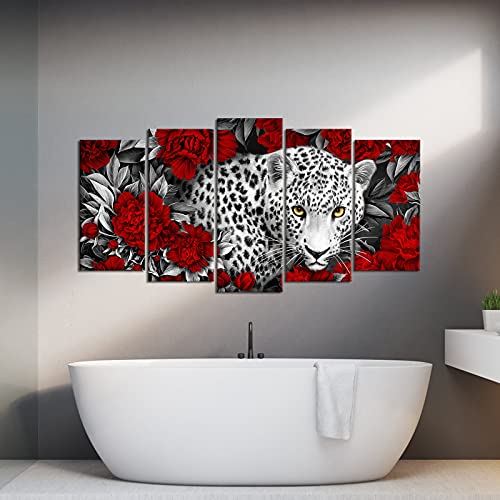 Kalormore Wildlife Animal Canvas Wall Art Black And White Leopard In Red Peony Flowers Picture Prints Gallery Wrapped Artwork Ready To Hang For Living Room Bedroom Decoration (60Lx32H) #TOP3