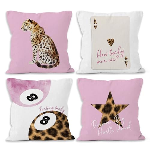 MONALET Pink Cheetah Preppy Throw Pillow Covers 18x18 Set of 4, Trendy Leopard Lucky 8 Balls Decor Pillow Cases for Teen Girls Dorm Bedroom, Retro Cheetah Print Pillowcases for Couch Bed Sofa