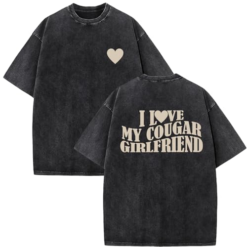 Vintage Washed Cotton Tee with I Love My Cougar Girlfriend Heart Print - Unisex Relaxed Fit Couples Shirt Gift Merch Black