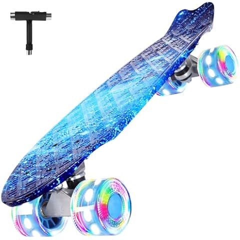 BELEEV 22 inch Skateboards for Kids, Cruiser Skateboard for Beginners Girls Boys Teens Adults, Mini Skateboards Classic Complete Skate Board with Skate T-Tool, Max Load 220 LBS (Space Blue) Cover