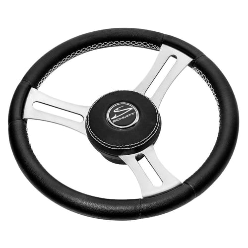 Schmitt & Ongaro Marine Products PU085241 Schmitt & Ongaro Torcello Elite 14 Wheel - Black Leather & Cap - White Stitching - Polished Ss Spokes - 3/4 Tapered Shaft