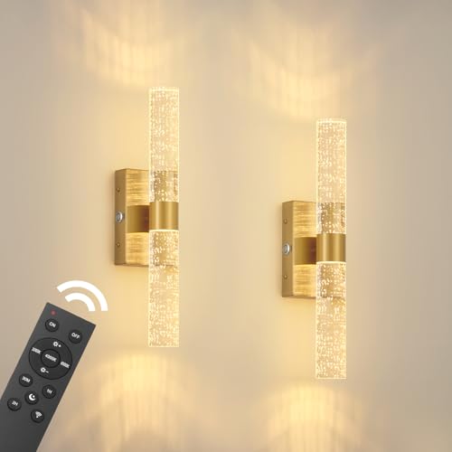 Image of Battery Operated Wall Sconces Set of 2, 20000mAh Rechargeable Wall Light | Remote Control 3000K-6000K Dimmable LED Wireless Sconces,Gold,15.6 Inch