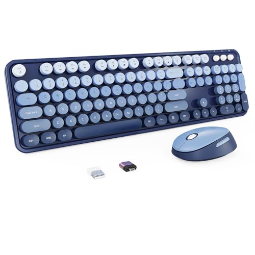 Nowlike Wireless Keyboard and Mouse Combo, Retro Typewriter Keyboard with Round Keycaps, Full-Size Ergonomic, Blue, Ideal for Windows PC, Home, Office, and College, Wireless Keyboard Mouse Combo