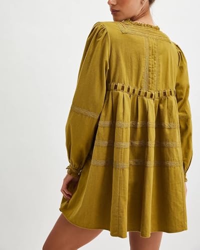 Women Bow Tie Mini Babydoll Dress Spring Cute Embroidery Floral T-Shirt Dress Y2k Long Sleeve Short Flowy Sundress4