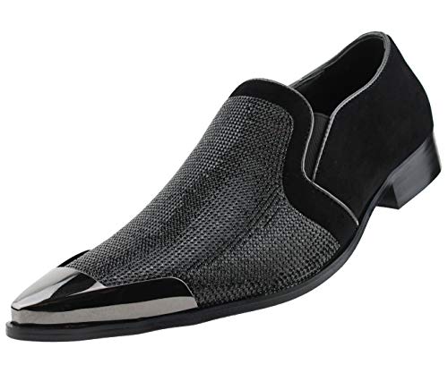 Bolano x Amali Men's Dress Loafers with Rhinestones, Slip-On, Tuxedo Loafer Shoes for Men, Pointed Toe with Metal Tip, Size Up2