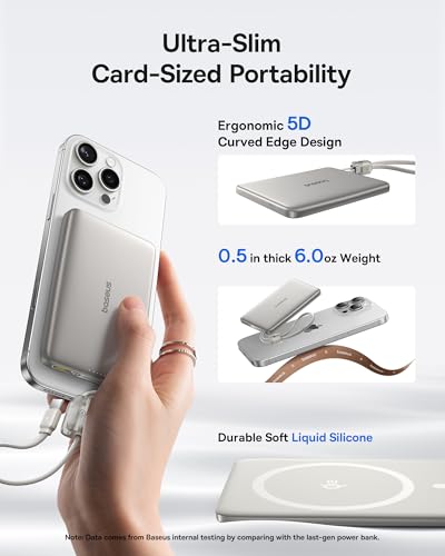 Image of Baseus Picogo Qi2 15W Magsafe Portable Charger, 0.5 inch Ultra Slim 10000mAh Wireless Power Bank with 27W Built-in USB-C Cable, Magnetic Battery Pack for iPhone 17 Pro Max /17 Pro /Air /16 /15 /14 /13 /12