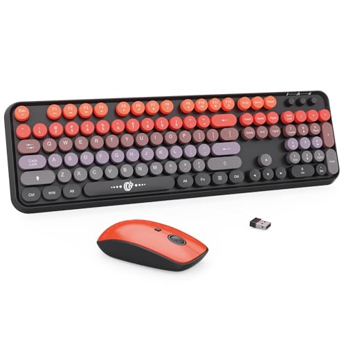 Image of Orange Keyboard and Mouse Wireless,Full Size 2.4GHz Wireless Plug & Play,104 Cute Retro Round Typewriter Keycap,Fun Raised Aesthetic Colorful Keyboard Mouse with 3 DPI for PC Computer Desktop Laptop