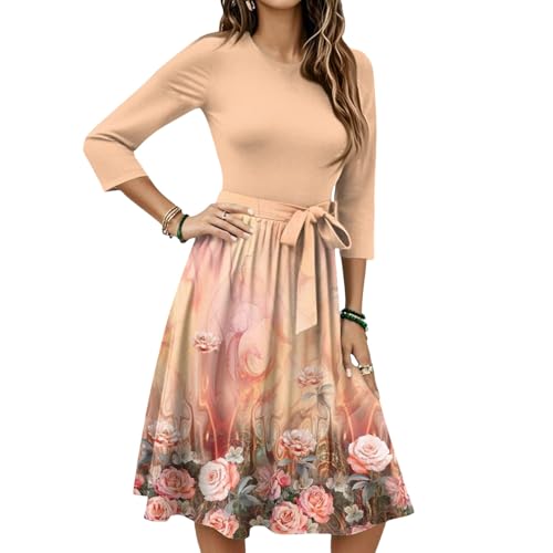 Herbstkleid Damen Knielang Midikleid 3/4 Ärmel Hohe Taille Tunika Kleid mit Gürtel Boho Kleid Rundhalsausschnitt Herbstkleid A-Linie Elegante...