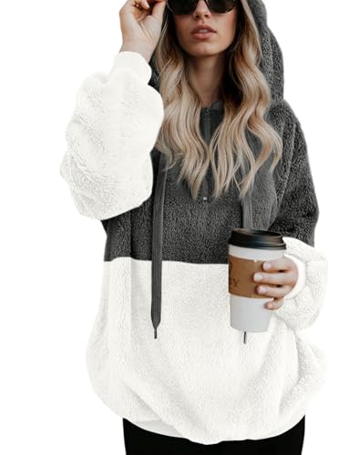 LONGYUAN Womens Winter Cozy Fuzzy Sweatshirt Soft Warm Fleece Sweaters Sherpa Hoodies Zipped Up XL Deep Grey White