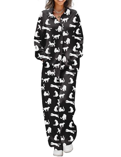 Image of Ekouaer Womens Satin Silky Pajama Set Soft Long PJs Button Down Loungewear | Print Sleepwear Cozy Lounge Set Classic Button Down Shirt and Long Pant with Pockts
