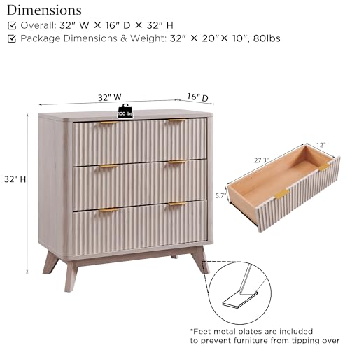 Image of T4TREAM Fluted 3 Drawer Dresser, 32 inch Tall Modern Chest of Drawers, Curved Profile Design, Wood Drawer Organizer for Bedroom, Living Room, Hallway, Entryway, White Alder