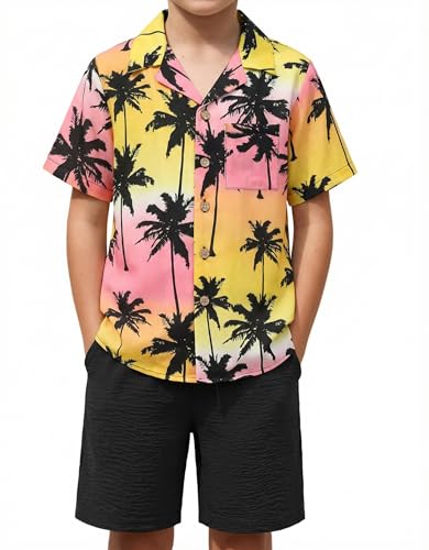 Image of Arshiner Boys 2 Pieces Summer Beach Outfits Short Sleeve Button Down Shirts and Shorts Vacation Texture Sets for Kids