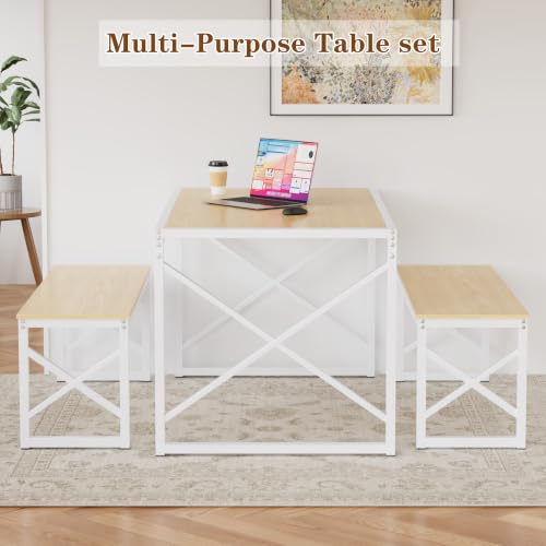 Image of VECELO 55 inch Kitchen Dining Table Set for 4, Heavy-Duty Steel Frame & Wood-Grain Tabletop, Space-Saving Dinette Sets with 2 Benches for Breakfast Nook and Small Space, Natural