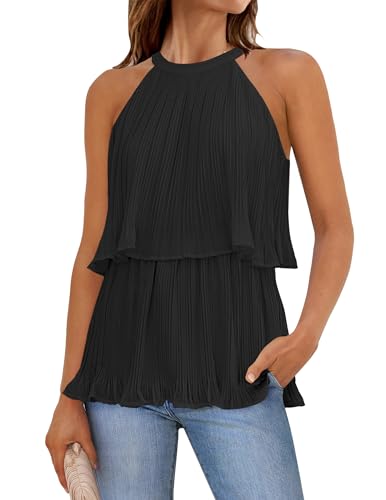 ZESICA Women's Summer Halter Tank Tops Casual Sleeveless Ruffle Tiered Layered Chiffon Flowy Blouse Shirts