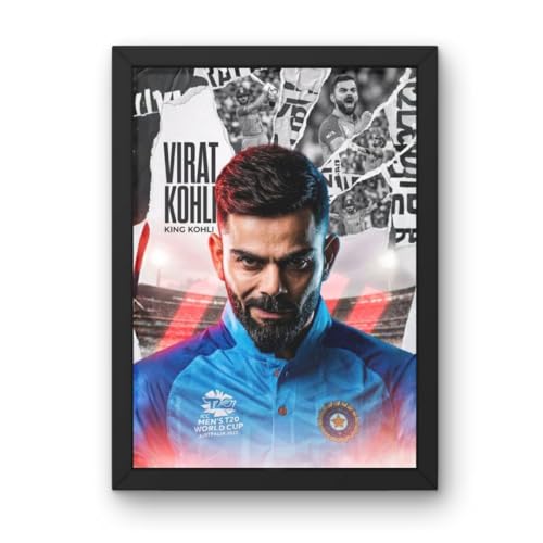 Image of Virat Kohli King Kohli Framed Poster, Cricket Sports Theme Wall Art, A4 Size 24x34 cm, Black Frame of Indian Cricketer (5)