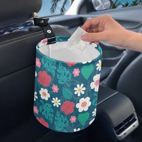 Image of Tropical Daisy Car Trash Bin Universal Front Back Seat Garbage Bags for Car, Office, Home, Travel Camping Accessories, Potable Car Rubbish Bin, Easy to Install