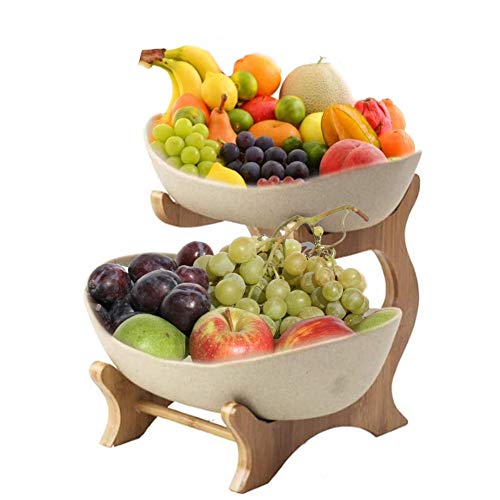 LDDO Ceramic Fruit Bowl Oval Bowl Set With 2 Tier Wood Stand Porcelain Tiered Vegetable Serving Tray Dessert Appetizer Cake Dish for Party Food Server Display Set