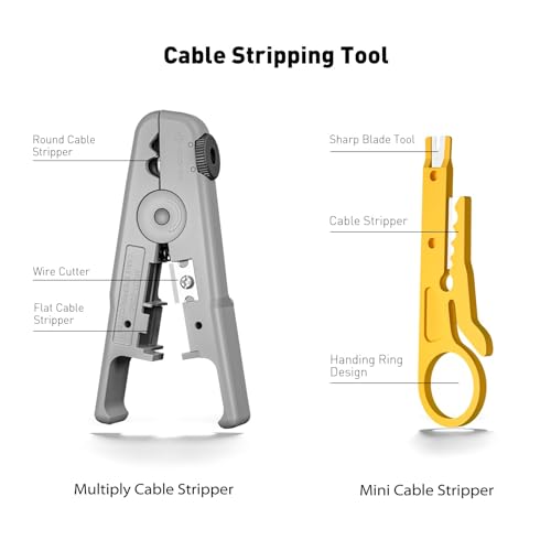 Image of Ethernet crimping tool kit RJ45 crimp tool, Cat5 Cat6 Pass Through Crimping Tool for Network Cable Tester, Multiply Stripper, 50PCS Cat 6 Pass Through Connectors and Strain Relief Boots