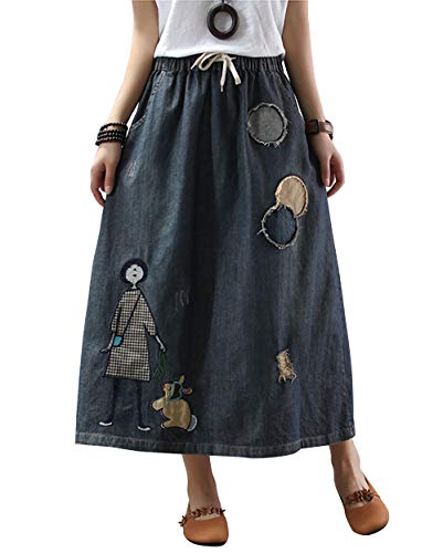 ebossy Womens Casual Long Jean Skirt Floral Print Embroidered Distressed Denim Maxi Skirts with Side Pockets