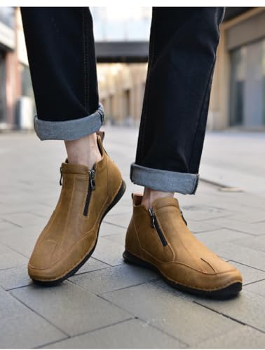 Men's Leather Comfortable Slip on Chukka Ankle Boots Outdoor Lightweight Non-slip Side Zipper Flat Driving Shoes for Walking Hiking4