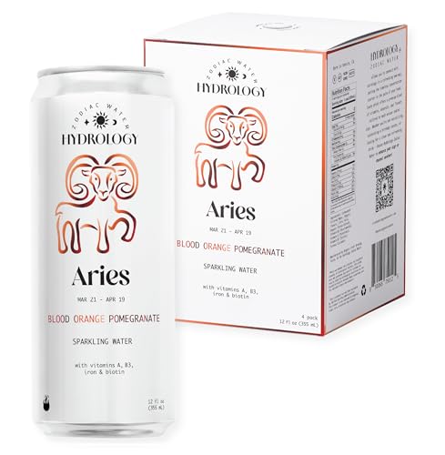 Hydrology Zodiac Water - Aries Blood Orange Pomegranate - Organically Flavored Social Sparkling Water with unique Vitamins and Minerals tailored to the Aries Zodiac Sign, Astrology Drink for Birthday Gift (4-Pack, Aries - Blood Orange Pomegranate)