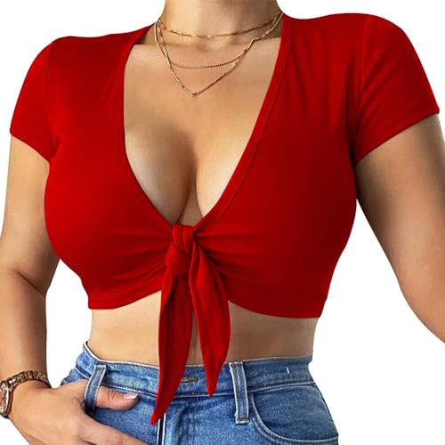 LCNBA Deep v Neck Short Sleeve Crop Top,Bandage Cross Wrap Tie Up Crop Tops Red Medium