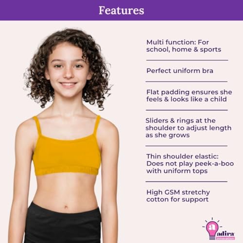 Image of ADIRA | Beginners Bra for Girls 13-14 Years | Flat Padding for Nipple Coverage | Comfortable Strecthy Cotton | Comfy-Breathable Beginners Bra & Super Soft Material | Pack of 3