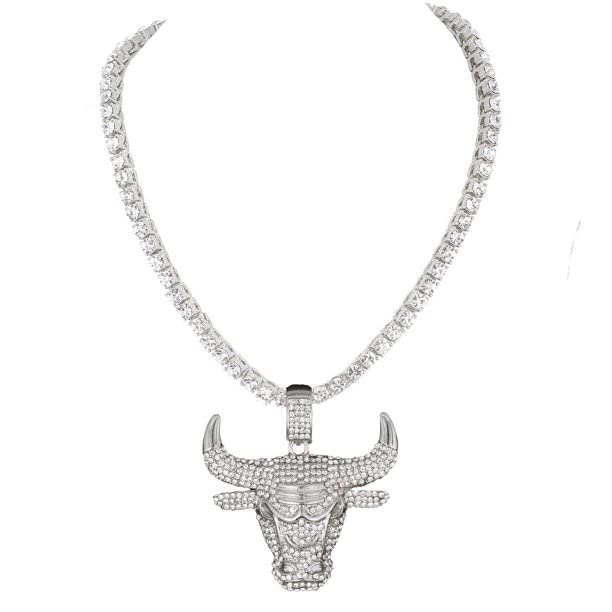 Silver Plated Iced Bling Bull Pendant & 4.5mm 16" 18" 20" 24" 1 Row Simulated Diamond Tennis Chain Hip Hop Jewelry Necklace Gift2