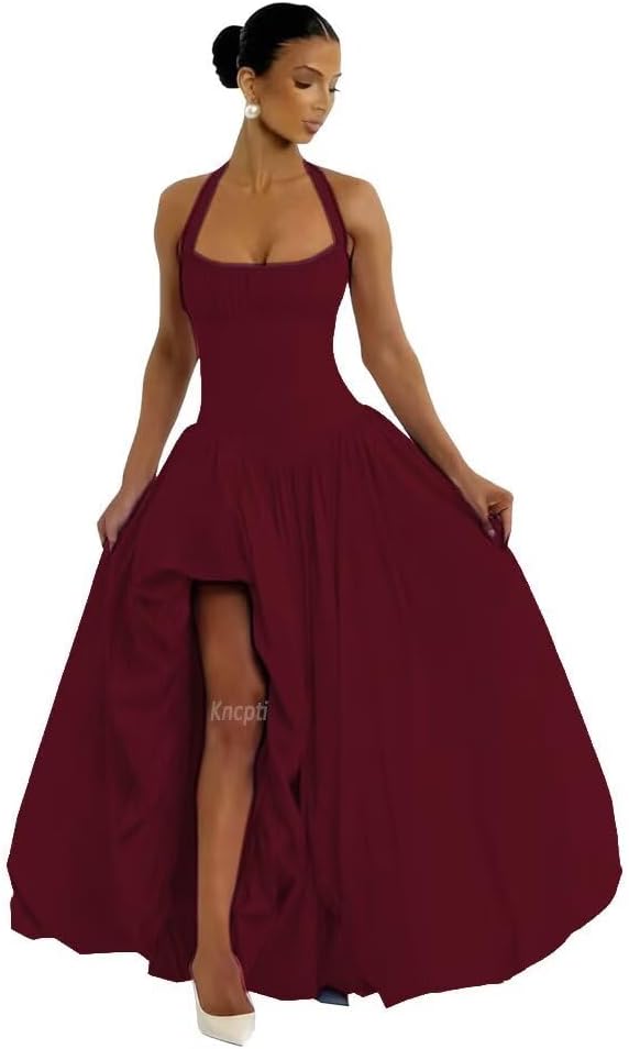 Women's Halter Satin Prom Dresses with Sexy Slit Long Formal Evening Party Ball Gowns with Pockets
