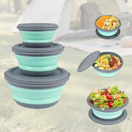 Komoke Faltbare Schüssel mit Deckel 3 Stück - Faltschüssel Camping Set, Tragbare Salatschüssel Faltbar und Spülschüssel Camping für Küche, Camping Geschirr, Outdoor | Camping Küchenzubehör und Zubehör