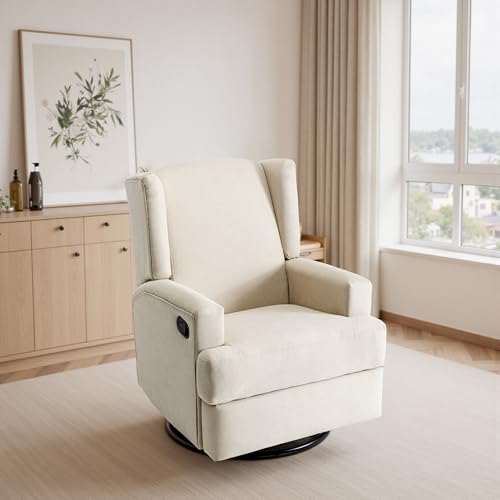 Image of Swivel Rocker Recliner Chair, 360 Swivel Wingback Recliner Chairs for Adults, Upholstered Glider Rocking Chair with High Back, Deep Seat for Living Romm Bedroom, Cotton Linen, Beach
