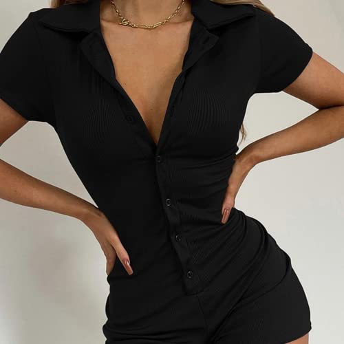Mocibo Women Short Sleeve Bodycon Jumpsuit Sexy Buttons One Piece Rompers Y2K V Neck Ribbed Knit Bodysuit Solid Color Overalls Playsuit Black M #TOP3