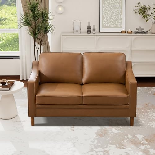 Image of Kingfun 60 inch Faux Leather Sofa, Loveseat Couch, Mid Century Modern Love Seat Couches with Solid Wood Frame for Living Room Bedroom