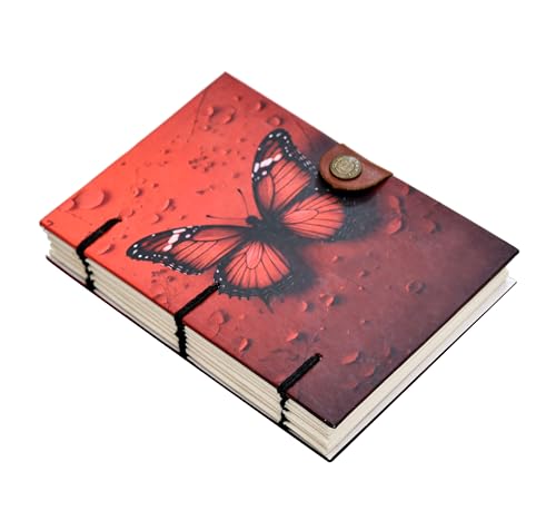 Image of Handmade Hardcover Diary | Red Butterfly Design Journal with Metal Lock & 125 GSM Recycled Paper (7x5 Inch)
