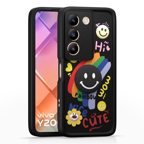 Image of Pikkme Back Cover for Vivo Y200e 5G / Vivo T3 5G | Soft Silicone| Cute Rainbow Smile & 3D Cartoon Flower Design | Shockproof Raised Camera Protection Bumper Case (Black)