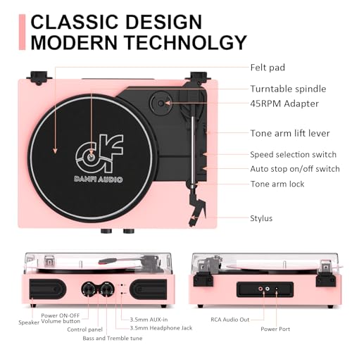 Image of Vinyl Record Player with Built-in Speakers 3-Speed Vintage Record Player Support Treble& Bass Control, 3.5mm Headphone Jack, RCA-Out /Aux in, Belt-Driven LP Turntable,Pink