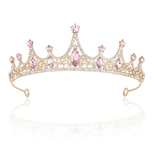 CURASA Gold and Pink Princess Crown Tiaras and Crowns for Women Wedding Headpiece for Birde Crysal Tiara for Little Girls Queen Crown for Bridal Birthday Party Prom Halloween Pageant