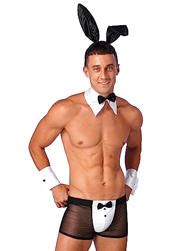 Agoky Herren Sexy Bunny Dessous Set Mesh Boxershorts Retroshorts mit Hase Ohren Haarreifen + Hemd Kragen mit Fliege + Armbänder Reizwäsche Clubwear Schwarz L
