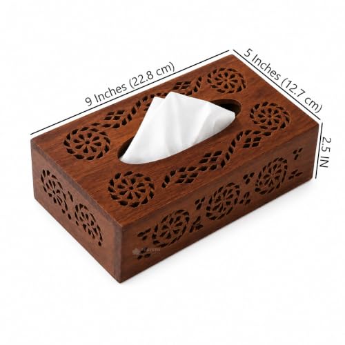 Image of Wooden Tissue Box| Rosewood Napkin Box| Tissue Holder Organizer for Table, Home, Office, Car| Rectangular Facial Paper Cloth Storage Case| Dispenser (9X5 Inches, Carvion)