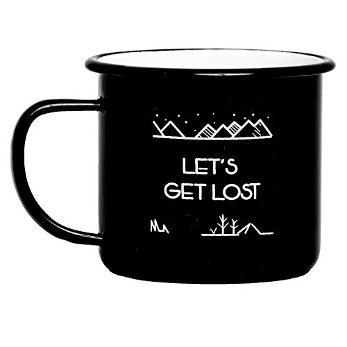 Let's Get Lost | Enamel Camping Coffee Mug (15 Ounces) | 2-Sided Unique Geometric Design | Large Size | Perfect for Coffee, Tea, Beer, Wine, Oatmeal, or Soup
