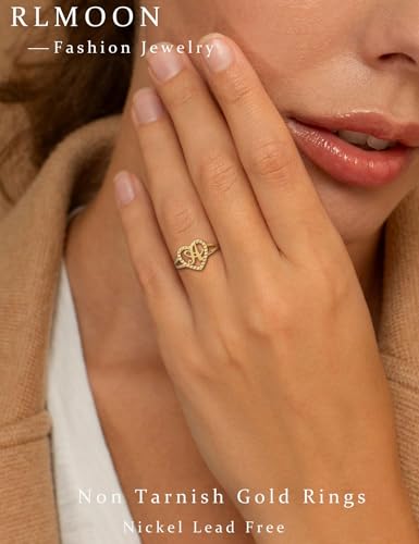 Image of RLMOON Gold Initial Rings for Women Non Tarnish 14K Gold Plated Vintage Heart Thumb Rings Personalized Carved Letter Statement Stackable Rings Size 6-10 Jewelry Gifts