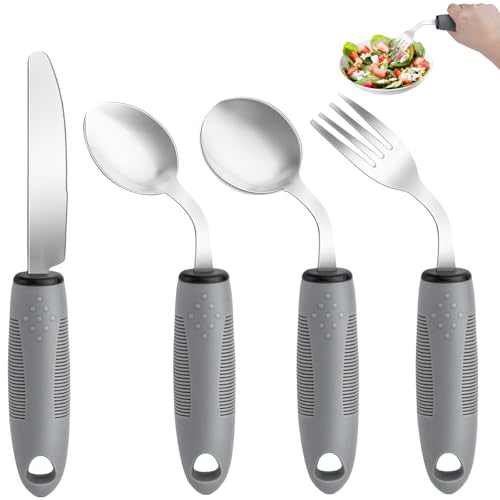 AuntyFey Weighted Adaptive Utensils, 4Pcs Weighted Utensils for Hand Tremors, 45°Angled Parkinsons Utensils for Elderly, 3.5oz Weighted Built Up Utensils for Adults, Disabled, Parkinson, Right-Handed
