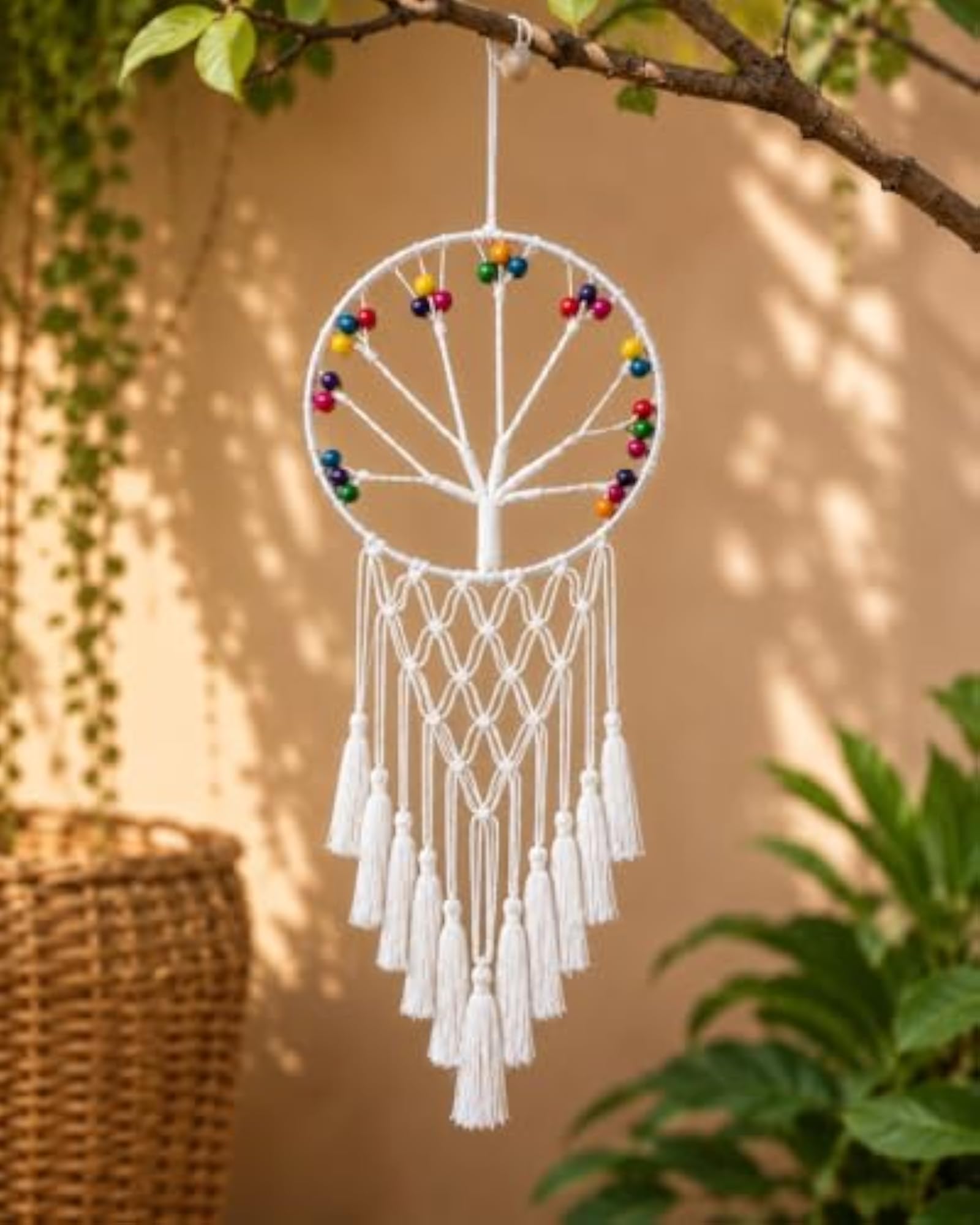 Handmade Macrame Dream Catcher Wall Hanging with Colorful Beads