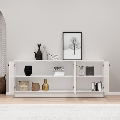 Image of Bniture Luxe Storage Cabinet for Living Room | Wooden Sideboard Cabinet with 3 Door & 3D Textured | Multipurpose Storage Cabinet Organizer for Home, Bedroom & Kitchen | Frosty White & Giant Wood