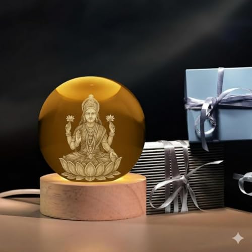 Image of STARKENDY3D Mahalaxmi Crystal Ball LED Night Lamp, Creative Engraved Night Light Wooden Base, Warm White Decorative Table Lamp for Home, Office, Bedroom, Birthday Gift
