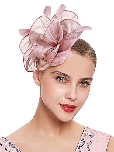Yokawe Fascinators Hat For Women Tea Party Hats Ribbons Feathers Headband Kentucky Derby Hair Clip For Cocktail Wedding (Nude Pink) #TOP2