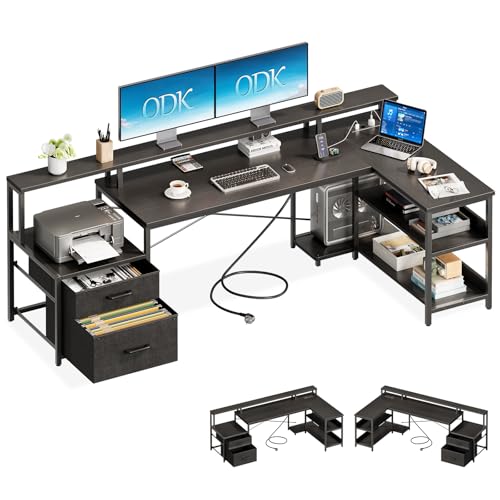 ODK Schreibtisch mit Schubladen, 189.3×100cm Reversibel Eckschreibtisch Groß mit 2 Steckdosen&USB Ladeanschluss, Schreibtisch L Form mit Stauraum, Gaming Tisch für Homeoffice, Schwarz